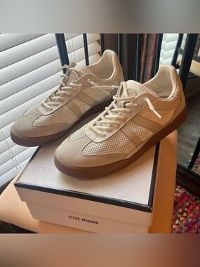 Steve Madden cream & tan sneakers,  beige mesh and suede panels